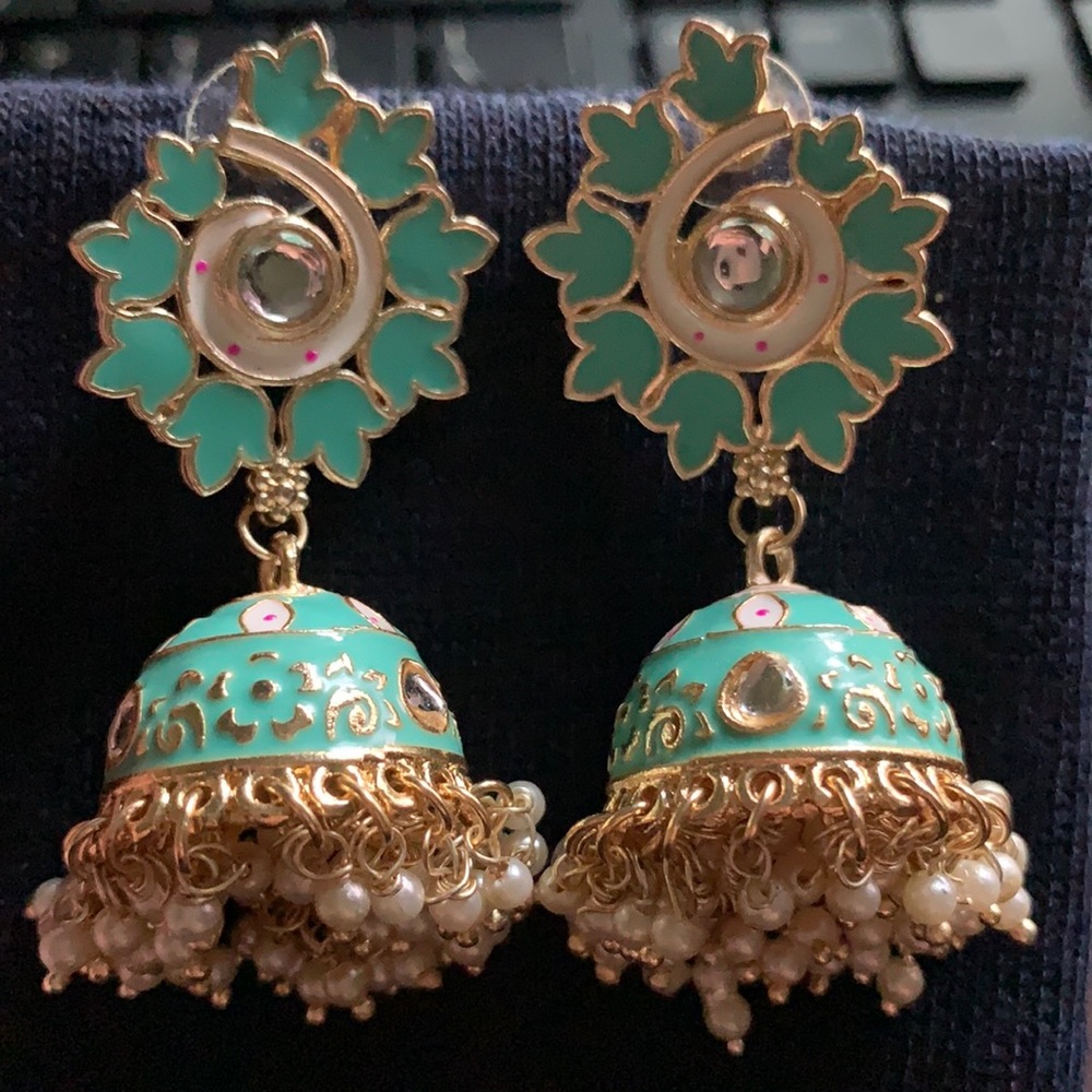 Meenakari Jhumkas with Pearl Drops - India 🇮🇳